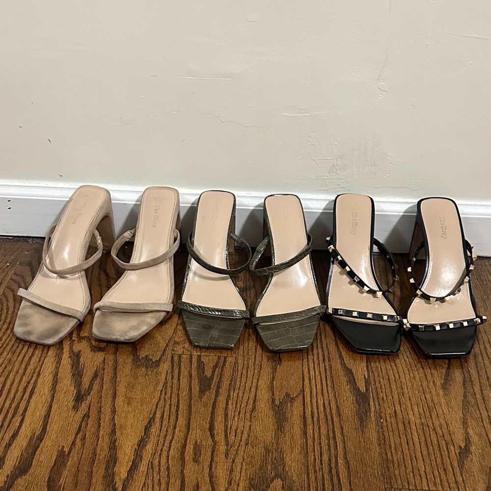 3 Pairs of The Drop Heeled Sandals - Studded Black, Green, and Nude
